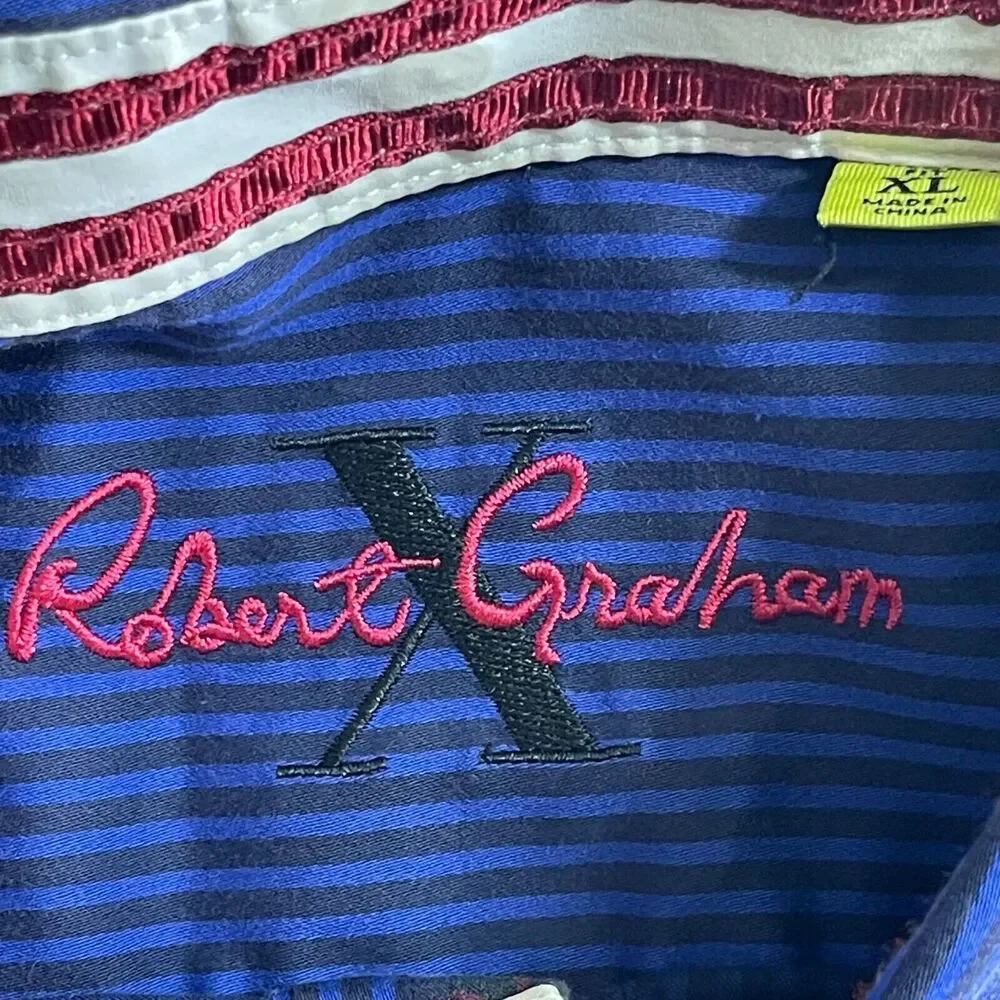 Robert Graham Shirt Men‎ XL Blue Stripes Flip Cuff Long Sleeve Button Up